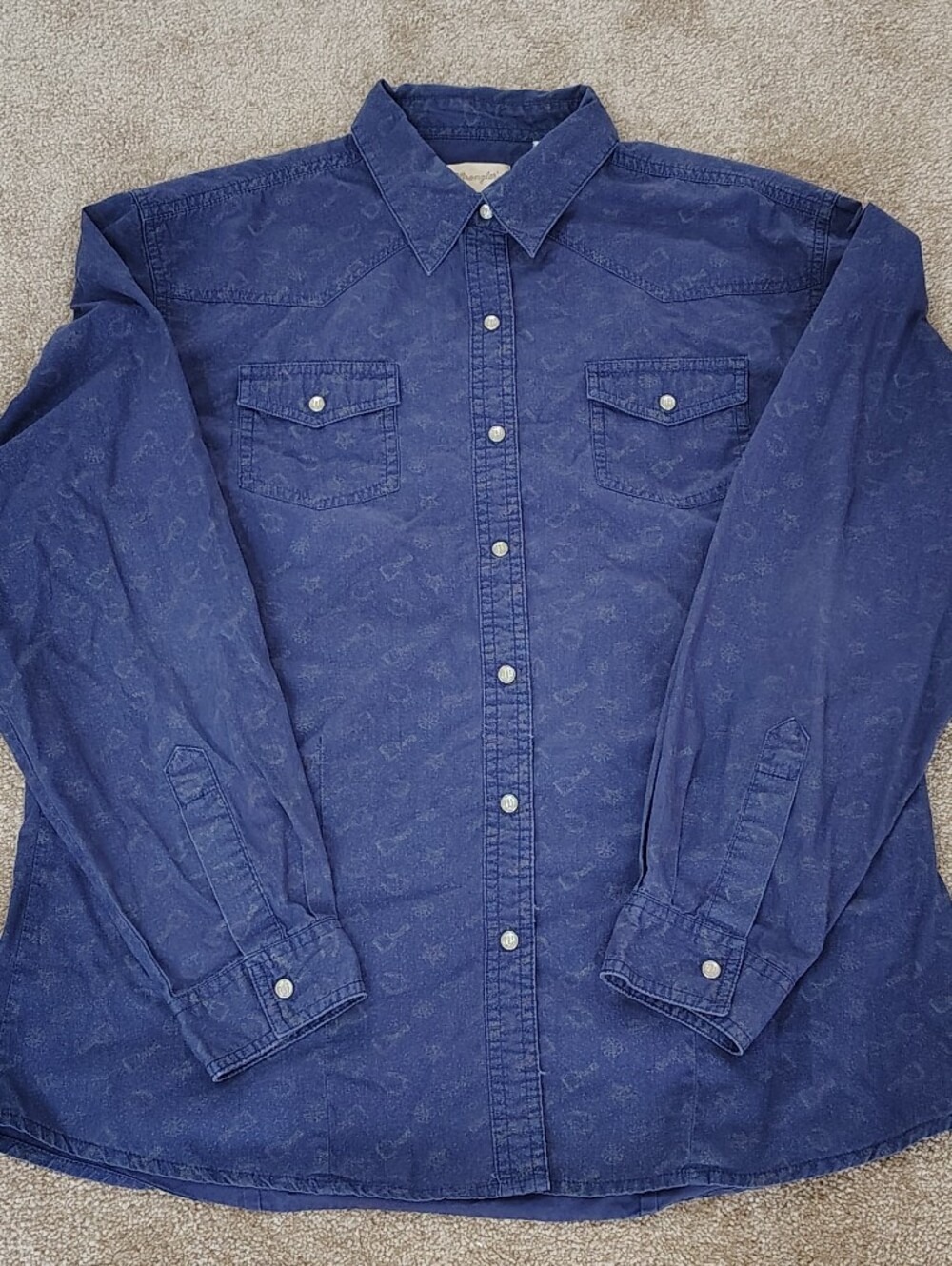 Wrangler Men Large Long Sleeve Pearl‎ Snap Blue Horseshoe Spurs Western Cowboy